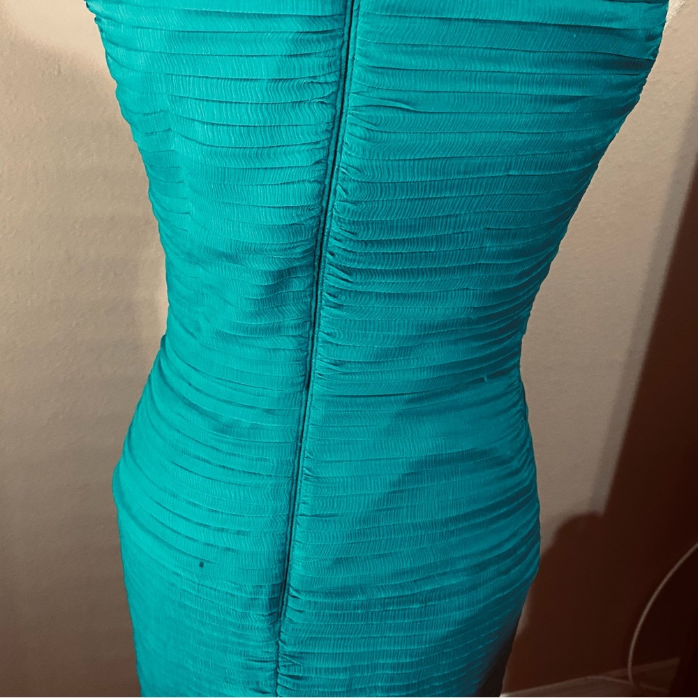 Tadashi Shoji Teal Silk Off Shoulder Cocktail Dress Sz 2 Pleated Bodycon Sheath - Picture 10 of 15